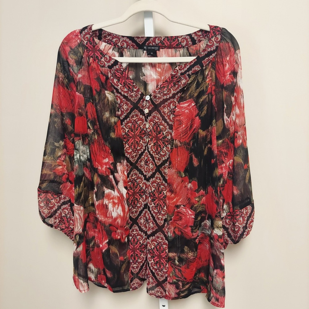 New Directions Curvy Red Floral Metallic Stripe Sheer Blouse Plus 1X 3/4 Sleeve